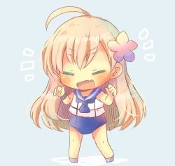 Rule 34 | 10s, 1girl, blonde hair, blue background, blue one-piece swimsuit, blue sailor collar, chibi, closed eyes, crop top, flower, full body, hair flower, hair ornament, kantai collection, kou hiyoyo, long hair, lowres, one-piece swimsuit, open mouth, ro-500 (kancolle), sailor collar, school swimsuit, simple background, solo, standing, swimsuit, swimsuit under clothes, tan