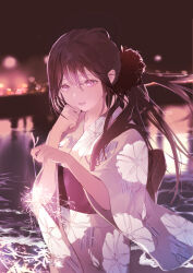 Rule 34 | 1girl, absurdres, blurry, blurry background, brown hair, fireworks, floral print, flower, hair flower, hair ornament, hand on own chin, highres, holding fireworks, japanese clothes, kimono, koa tcbs, long hair, night, night sky, open mouth, original, outdoors, ponytail, purple eyes, revision, senkou hanabi, sky, smile, solo, sparkler, water, wide sleeves, yukata