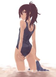 Rule 34 | 1girl, adjusting clothes, adjusting swimsuit, auru t, brown hair, character request, copyright request, from behind, highres, looking at viewer, one-piece swimsuit, ponytail, red eyes, school swimsuit, solo, swimsuit, swimsuit tug, wading, water drop, wet