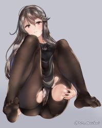 Rule 34 | 1girl, alternate costume, anchor necklace, ass, bad id, bad pixiv id, black hair, black pantyhose, blush, breasts, brown eyes, closed mouth, feet, grey background, hair between eyes, hair ornament, hairclip, haruna (kancolle), jewelry, juurouta, kantai collection, long hair, looking at viewer, necklace, no shoes, panties, pantyhose, simple background, sitting, smile, solo, spread legs, sweat, torn clothes, torn pantyhose, underwear, white background, white panties