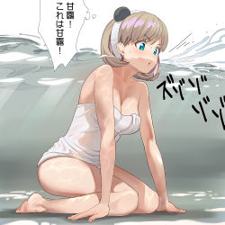 Rule 34 | 1girl, a1 (initial-g), animal ears, arm support, bare arms, bare shoulders, blue eyes, breasts, commentary request, fake animal ears, full body, grey hair, hairband, kneeling, large breasts, light purple hair, love live!, love live! superstar!!, multicolored hair, naked towel, panda ears, partially submerged, short hair, solo, streaked hair, tang keke, thought bubble, towel, translated, water, white towel