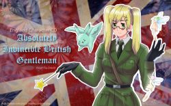 Rule 34 | 1girl, artist name, axis powers hetalia, belt, blonde hair, blush stickers, copyright name, eyebrows, fairy, flag background, gender request, genderswap, gloves, green eyes, hair ornament, hairclip, highres, military, military uniform, necktie, official style, or&auml;dd, oradd, solo, thick eyebrows, twintails, uniform, united kingdom (hetalia), upper body, wand