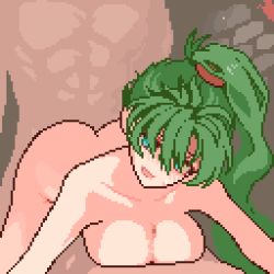 Rule 34 | 1girl, 2boys, animated, animated gif, bare shoulders, bent over, bouncing ass, breast press, breasts, censored, collarbone, fire emblem, green hair, handsfree paizuri, large breasts, leaning forward, lying on person, lyn (fire emblem), momiahair, multiple boys, nintendo, nipples, nude, paizuri, pixel art, sex, sex from behind