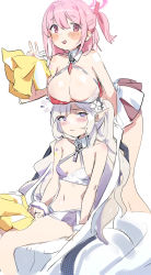 Rule 34 | 2girls, annoyed, artist name, bandaid, bandaid on shoulder, bare shoulders, blue archive, blush, breast rest, breasts, breasts on head, cheerleader, cleavage, collarbone, cosplay, crop top, eimi (blue archive), flower, hair flower, hair ornament, hibiki (blue archive), highres, himari (blue archive), holding, holding pom poms, large breasts, long hair, midriff, millennium cheerleader outfit (blue archive), miniskirt, mole, mole under eye, multiple girls, nemo (leafnight), pink eyes, pink hair, pleated skirt, pointy ears, pom pom (cheerleading), pom poms, powered wheelchair, purple eyes, sidelocks, simple background, sitting, skirt, sleeveless, small breasts, standing, star (symbol), v, wheelchair, white hair
