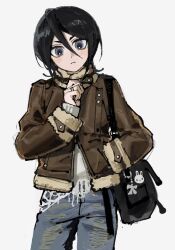 1girl :&lt; bag bag_charm black_bag black_hair bleach blush brown_jacket charm_(object) closed_mouth commentary cowboy_shot denim expressionless fur-trimmed_jacket fur_trim grey_eyes hair_between_eyes hand_up hands_in_pockets head_tilt holding holding_bag jacket jeans jewelry korean_commentary kuchiki_rukia leather leather_jacket light_blush long_bangs long_sleeves looking_at_viewer messenger_bag pants rabbit_charm ring short_hair shoulder_bag simple_background solo standing sweater torn_clothes torn_jeans torn_pants torn_sweater unraveling white_background white_sweater yongsa_(y0ngs4)