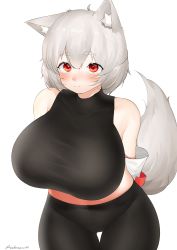 Rule 34 | 1girl, absurdres, animal ear fluff, animal ears, artist name, bare shoulders, bike shorts, black shirt, black shorts, blush, breasts, closed mouth, highres, inubashiri momiji, large breasts, looking at viewer, red eyes, shirt, short hair, shorts, simple background, sleeveless, sleeveless shirt, smile, solo, tail, take (take143000), touhou, white background, white hair, wolf ears, wolf girl, wolf tail