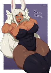 Rule 34 | 1girl, abs, absurdres, artist name, bare shoulders, boku no hero academia, breasts, cleavage, covered abs, covered erect nipples, curvy, dark-skinned female, dark skin, detached collar, easter, gloves, happy easter, highres, huge breasts, leotard, long hair, mirko, muscular, muscular female, open mouth, pantyhose, playboy bunny, rabbit ears, rabbit girl, rabbit tail, red eyes, smile, solo, taiger, thick thighs, thighhighs, thighs, white gloves, white hair, wide hips