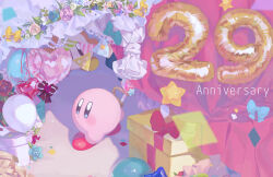 Rule 34 | :o, absurdres, anniversary, balloon, blue bow, blue eyes, bow, brown eyes, colored skin, commentary request, confetti, curtains, english text, flower, frills, from behind, gift, heart, heart balloon, highres, holding, holding wand, kananishi, kirby, kirby (series), light blush, looking at viewer, looking back, nintendo, number balloon, orange skin, parted lips, pink flower, pink rose, pink skin, red bow, red flower, red footwear, rose, shoes, star (symbol), waddle dee, wand, white flower, white rose, yellow bow, yellow footwear