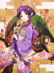 Rule 34 | 1girl, ahoge, blush, bow, checkered background, closed mouth, commentary request, egasumi, floral print, flower, flower knot, gabiran, hagoita, hair between eyes, hair bow, head tilt, holding, japanese clothes, kimono, long sleeves, obi, paddle, parted bangs, print kimono, purple bow, purple hair, purple kimono, purple ribbon, red eyes, red flower, ribbon, sash, smile, solo, sword art online, tree, wide sleeves, yuuki (sao)