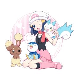 Rule 34 | 1girl, bare shoulders, beanie, black eyes, black shirt, black socks, blue eyes, blue hair, blush, blush stickers, boots, buneary, closed eyes, closed mouth, copyright name, creatures (company), dawn (pokemon), english text, female focus, flat chest, full body, game freak, gen 4 pokemon, hair ornament, hairclip, hand up, hands up, happy, hat, highres, jpeg artifacts, knee boots, kneehighs, looking at viewer, matching hair/eyes, miniskirt, nintendo, nishina hima, one eye closed, open mouth, pachirisu, pink background, pink scarf, pink skirt, piplup, poke ball, poke ball (basic), poke ball symbol, poke ball theme, pokemon, pokemon (creature), pokemon dppt, scarf, shirt, sitting, sitting on lap, sitting on person, skirt, sleeveless, sleeveless shirt, socks, standing, teeth, wariza, watch, white background, white headwear, wink, wristwatch