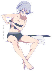 Rule 34 | 1girl, bad id, bad twitter id, bare legs, bare shoulders, barefoot, boxers, breasts, cleavage, closed mouth, dressing, full body, green eyes, grey hair, hair between eyes, highres, invisible chair, large breasts, male underwear, navel, pretty series, pripara, shikyoin hibiki, short hair, simple background, sitting, solo, sweat, translation request, underwear, underwear only, white background, zashima