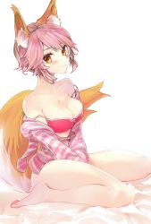 Rule 34 | 1girl, alternate hair length, alternate hairstyle, animal ears, bare shoulders, barefoot, blush, breasts, brown eyes, cleavage, fate/grand order, fate (series), highres, large breasts, looking at viewer, off shoulder, official alternate costume, pink hair, short hair, sitting, solo, tail, tamamo (fate), tamamo no mae (fate/extra), tamamo no mae (spring casual) (fate), tomozero