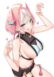 Rule 34 | 1girl, ahoge, aqua eyes, belt, black shorts, breasts, character request, chen yang yang, collarbone, commentary, english commentary, fingernails, hands up, headgear, heart, indie virtual youtuber, large breasts, looking at viewer, multicolored hair, nail polish, open mouth, pink belt, pink hair, red nails, short shorts, shorts, simple background, smile, solo, teeth, thighs, two-tone hair, virtual youtuber, white background