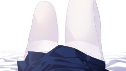 Rule 34 | 1girl, blue skirt, female pov, highres, legs, lower body, on bed, original, pantyhose, pleated skirt, pov, qianhui, simple background, skindentation, skirt, solo, thighs, white background, white pantyhose