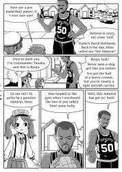 Rule 34 | 10s, basketball, basketball uniform, car, color guide, comic, dark-skinned male, dark skin, david robinson, english text, facial hair, female admiral (kancolle), glasses, greyscale, hair tie, hand on own hip, hat, highres, house, kantai collection, magatama, military, military hat, military uniform, monochrome, motor vehicle, national basketball association, open mouth, outstretched arm, pleated skirt, real life, ryuujou (kancolle), san antonio spurs, sixten, skirt, smile, sportswear, suspenders, tree, twintails, uniform, visor cap