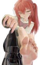 Rule 34 | 1girl, absurdres, barefoot, bocchi the rock!, crossed legs, feet, green eyes, half-closed eyes, highres, holding, holding shoes, kita ikuyo, loafers, long hair, looking at viewer, red hair, shoes, unworn shoes, side ponytail, single shoe, soles, toes