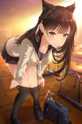 Rule 34 | 1girl, animal ears, atago (azur lane), atago (school traumerei) (azur lane), atago (school traumerei) (azur lane), azur lane, bad id, bad pixiv id, bag, black pantyhose, blush, breasts, brown eyes, brown hair, cannon, chain, classroom, cleavage, clothes pull, desk, evening, extra ears, highres, indoors, leaning forward, long hair, looking at viewer, medium breasts, mole, mole under eye, pantyhose, pantyhose pull, ponyaru, removing legwear, ribbon, sailor collar, school bag, school uniform, serafuku, skirt, smile, solo, standing, swept bangs, turret, white ribbon