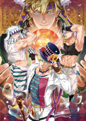 Rule 34 | 4boys, blonde hair, bubble, caesar anthonio zeppeli, chaashuu, child, facial mark, feather hair ornament, feathers, green eyes, hair ornament, hat, headband, hydrokinesis, inset, jojo no kimyou na bouken, male focus, midriff, multiple boys, multiple persona, official alternate costume, ribbon, top hat, vest, water, white hair