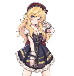Rule 34 | 1girl, :o, aa211108, blonde hair, blue eyes, breasts, checkered clothes, checkered dress, cleavage, collarbone, dress, frilled dress, frills, idolmaster, idolmaster cinderella girls, idolmaster cinderella girls starlight stage, long hair, medium breasts, ohtsuki yui, one eye closed, red headwear, solo, v, wavy hair, wrist cuffs