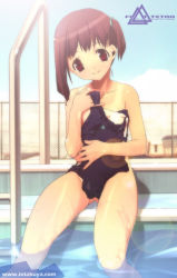 Rule 34 | 1girl, brown hair, chain-link fence, clothes in front, covering privates, day, female focus, fence, head tilt, io takuya, looking at viewer, nude, one-piece swimsuit, one-piece tan, original, outdoors, partially visible vulva, pool, pool ladder, poolside, red eyes, school, school swimsuit, sitting, smile, soaking feet, solo, swimsuit, tan, tanline, wading, water, watermark, web address, wet