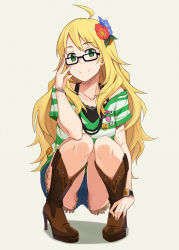 Rule 34 | 1girl, adjusting eyewear, ahoge, bad id, bad pixiv id, bare shoulders, bespectacled, blonde hair, blush, boots, collarbone, denim, denim shorts, flower, full body, glasses, green eyes, hair flower, hair ornament, high heel boots, high heels, hoshii miki, idolmaster, idolmaster (classic), jewelry, knee boots, long hair, necklace, shirt, short shorts, shorts, simple background, smile, solo, squatting, striped clothes, striped shirt, wrist cuffs, yuuhi, yuuhi (ages)
