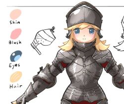 Rule 34 | 1girl, armor, blonde hair, blue eyes, breastplate, color guide, cuirass, gambeson, gauntlets, gorget, gothic plate armor, helmet, ironlily, original, perlweiss (ironlily), plate armor, shoulder armor, visor lift
