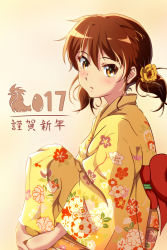 Rule 34 | 10s, 1girl, 2017, blush, brown hair, floral print, flower ornament, hair between eyes, hair ornament, happy new year, hibike! euphonium, hugging own legs, japanese clothes, kimono, looking at viewer, miao pasi, new year, obi, orange background, oumae kumiko, own hands together, sash, short hair, short twintails, sideways glance, sitting, solo, translated, twintails, yellow eyes, yukata