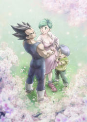 Rule 34 | 1girl, 2boys, absurdres, bad id, bad pixiv id, black hair, blue eyes, breasts, bulma, cherry blossoms, child, cleavage, collarbone, dragon ball, dragonball z, dress, earrings, eye contact, family, from above, grass, green eyes, green hair, hand on another&#039;s stomach, highres, hood, hoodie, jewelry, looking at another, looking up, multiple boys, outdoors, pregnant, shawl, shoes, short hair, signature, sneakers, spiked hair, spring (season), stud earrings, thighs, trunks (dragon ball), uirina, vegeta
