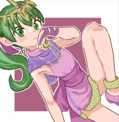 Rule 34 | 1girl, closed mouth, dress, fire emblem, fire emblem: mystery of the emblem, green eyes, green hair, jewelry, leg up, long hair, lowres, necklace, nintendo, outline, pink dress, pink footwear, pink sash, pointy ears, ponytail, purple scarf, sash, scarf, short dress, sicky (pit-bull), sleeveless, sleeveless dress, solo, tiara, tiki (fire emblem), tiki (young) (fire emblem), white outline