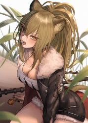 Rule 34 | 1girl, animal ears, arknights, ass, black nails, blush, breasts, cleavage, expulse, eyelashes, fangs, fur trim, hair between eyes, highres, jacket, lion ears, lion girl, lion tail, long hair, looking at viewer, nail polish, open mouth, ponytail, shorts, siege (arknights), solo, tail, teeth, yellow eyes