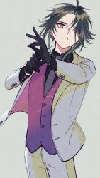 Rule 34 | 1boy, adjusting clothes, adjusting gloves, alternate costume, black gloves, black hair, black shirt, closed mouth, facial mark, forehead mark, formal, genshin impact, gloves, green hair, grey background, grey jacket, grey pants, hair between eyes, hair over one eye, highres, jacket, long sleeves, male focus, multicolored hair, necktie, pants, sakanomachico, shirt, simple background, solo, vest, xiao (genshin impact), yellow eyes