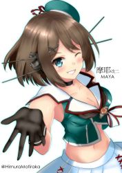 Rule 34 | 1girl, absurdres, arms up, black gloves, blue headwear, breasts, character name, cleavage, gloves, hair ornament, highres, himura moritaka, kantai collection, looking at viewer, maya (kancolle), medium breasts, midriff, navel, one eye closed, pleated skirt, shirt, simple background, skirt, sleeveless, sleeveless shirt, smile, solo, teeth, tilted headwear, twitter username, white background, white skirt, x hair ornament