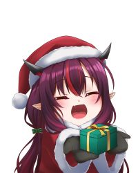 Rule 34 | 1girl, black gloves, blush, box, closed eyes, facing viewer, fangs, gift, gift box, gloves, hat, highres, holding, holding gift, hololive, hololive english, horns, irys (hololive), jan azure, lips, long hair, long sleeves, open mouth, pointy ears, red hair, red hat, santa costume, santa hat, smile, solo, virtual youtuber
