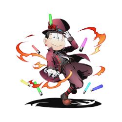 Rule 34 | 10s, 1boy, alpha transparency, black eyes, black hair, cosplay, divine gate, fire, floating, flower, full body, gloves, glowstick, hat, jacket, looking at viewer, male focus, matsuno choromatsu, necktie, official art, osomatsu-kun, osomatsu-san, osomatsu (series), oz (divine gate), oz (divine gate) (cosplay), red jacket, rose, shadow, short hair, smile, solo, standing, standing on one leg, top hat, transparent background, ucmm