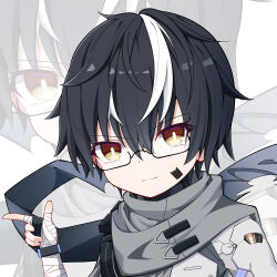 Rule 34 | 1boy, bandaged arm, bandaged hand, bandages, black hair, brown eyes, commentary request, glasses, grey scarf, highres, multicolored hair, noan (punishing: gray raven), punishing: gray raven, scarf, short hair, white hair, yeyou (pwny8774)