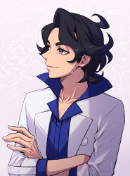 Rule 34 | 1boy, augustine sycamore, black hair, blue shirt, closed mouth, coat, collarbone, collared shirt, creatures (company), crossed arms, facial hair, floral background, flower, game freak, gradient background, grey eyes, half-closed eyes, happy, highres, lab coat, long sleeves, maki (letusgomaki), male focus, nintendo, open clothes, open coat, pokemon, pokemon xy, purple background, rose, shirt, short hair, sidelocks, smile, solo, standing, upper body, wavy hair, white coat