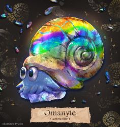 Rule 34 | ammonite, animal focus, artist name, black background, black eyes, blue gemstone, character name, creatures (company), ekm, english text, from side, full body, game freak, gem, gen 1 pokemon, highres, nintendo, no humans, omanyte, pokemon, pokemon (creature), rainbow gradient, shell, solo, sparkle