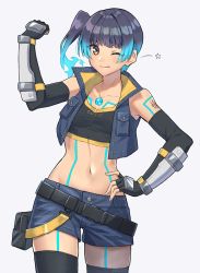 Rule 34 | 1girl, blue hair, breasts, brown eyes, chest jewel, cropped jacket, denim, denim jacket, denim shorts, fiery hair, fingerless gloves, flexing, gloves, hand on own hip, highres, jacket, midriff, navel, one eye closed, sena (xenoblade), shinae, shorts, side ponytail, small breasts, smile, sports bra, thighhighs, xenoblade chronicles (series), xenoblade chronicles 3