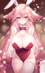 Rule 34 | 1girl, alternate costume, animal ears, apple caramel, arm behind back, arm support, bare shoulders, blurry, blurry background, bow, bowtie, breasts, brown background, character name, closed mouth, collar, commentary request, cowboy shot, crossed bangs, detached collar, earrings, falling petals, flower, fox ears, genshin impact, groin, hair between eyes, hair flower, hair ornament, highleg, highleg leotard, highres, jewelry, large breasts, leotard, long hair, petals, pink hair, playboy bunny, purple eyes, rabbit ears, raised eyebrows, red bow, red bowtie, red leotard, sidelocks, single thighhigh, smile, solo, strapless, strapless leotard, thighhighs, thighs, very long hair, white collar, white thighhighs, white wrist cuffs, wrist cuffs, yae miko