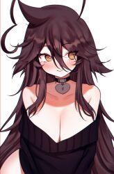 Rule 34 | 1girl, ahoge, bare shoulders, black choker, blush, breasts, brown hair, choker, cleavage, closed mouth, collarbone, hair between eyes, heart, heart-shaped pupils, highres, large breasts, lock, long bangs, long hair, looking to the side, off-shoulder sweater, off shoulder, original, simple background, sky above me, solo, sweater, symbol-shaped pupils, very long hair, white background