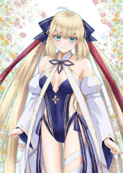 Rule 34 | 1girl, ahoge, aowasa, artoria caster (fate), artoria caster (swimsuit) (fate), artoria caster (swimsuit) (third ascension) (fate), artoria caster (third ascension) (fate), artoria pendragon (fate), blonde hair, bow, breasts, detached sleeves, fate/grand order, fate (series), floral background, flower, green eyes, hair bow, looking at viewer, medium breasts, one-piece swimsuit, solo, strapless, strapless one-piece swimsuit, swimsuit, twintails