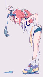 Rule 34 | 1girl, ahoge, aqua nails, arm up, artist name, bandaid, bandaid on leg, bare arms, blue shorts, blush stickers, faucet, fish, fish bone, fishing line, from side, full body, hair ornament, hairclip, halterneck, hand on own ass, highres, layered clothes, leaning forward, long hair, loose socks, nail polish, ninnin14, object on head, one eye closed, original, ponytail, red hair, sash, shoes, shorts, sidelocks, simple background, sleeveless, sneakers, socks, solo, star (symbol), strap slip, surreal, water