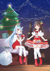 Rule 34 | 2girls, animal ear fluff, bell, blue hair, boots, box, brick wall, brown hair, building, candy, capelet, center frills, chihong de tianshi, christmas, christmas lights, christmas tree, commentary request, dress, food, frills, fur-trimmed boots, fur-trimmed capelet, fur-trimmed dress, fur-trimmed mittens, fur trim, gift, gift box, hair bell, hair ornament, hair ribbon, highres, lollipop, long hair, mittens, multiple girls, night, night sky, original, outdoors, red dress, red eyes, red footwear, red mittens, red ribbon, ribbon, sack, sidelocks, sitting, skirt basket, sky, star (sky), starry sky, swirl lollipop, thighhighs, thighhighs under boots, very long hair, white capelet, white legwear