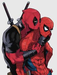 Rule 34 | 2boys, arms around neck, behind another, belt, belt pouch, blue bodysuit, bodysuit, commentary, deadpool, deadpool (series), hand on own hip, highres, katana, kiss, male focus, marvel, multiple boys, nigiri meshi610, pouch, print bodysuit, red bodysuit, red mask, simple background, spider-man, spider-man (series), superhero costume, sword, weapon, weapon on back, web print, white background, yaoi