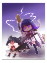 Rule 34 | 1boy, 3girls, all fours, animal, animal ears, arm armor, arms up, artist name, bare shoulders, belt, black hair, black shirt, black shorts, blush, bow, bowtie, braid, brown footwear, cat ears, cloak, closed eyes, closed mouth, colored skin, comic, commentary, dress, english commentary, english text, enjelicious, floor, fox, fox ears, gem, genshin impact, gold, gradient background, gradient hair, green cloak, green gemstone, grey hair, grey socks, hair between eyes, hair ornament, hands up, highres, japanese clothes, kimono, long hair, long sleeves, looking at another, looking down, looking to the side, multicolored hair, multiple girls, nahida (genshin impact), no headwear, open mouth, own hands together, pink skin, pointy ears, purple background, purple belt, purple cloak, purple eyes, purple hair, purple kimono, purple thighhighs, raiden shogun, red belt, red bow, red bowtie, sandals, scaramouche (genshin impact), shirt, shoes, short hair, short sleeves, shorts, side ponytail, single shoe, sitting, sitting on person, sleeveless, sleeveless dress, socks, standing, thighhighs, v-shaped eyebrows, white background, white dress, wide sleeves, yae miko, yae miko (fox)