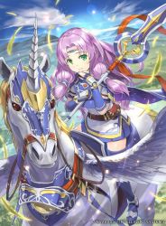 Rule 34 | 1girl, armor, belt, belt pouch, boots, breastplate, circlet, closed mouth, cloud, cloudy sky, company name, copyright name, day, elbow gloves, feathered wings, feathers, fire emblem, fire emblem: the blazing blade, fire emblem cipher, florina (fire emblem), gloves, green eyes, hmk84, holding, holding weapon, horns, light purple hair, long hair, looking at viewer, nintendo, official art, outdoors, pegasus, pegasus knight uniform (fire emblem), pouch, sky, smile, solo, thigh boots, thighhighs, weapon, wings, zettai ryouiki