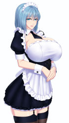Rule 34 | 1girl, baru (val-val), blue eyes, blue hair, breasts, cleavage, cyan (baru), demon girl, dress, female focus, huge breasts, image sample, long image, maid, maid headdress, matching hair/eyes, monster girl, pixiv sample, resized, shoes, short hair, simple background, solo, demon girl, tall image, thigh gap, thighhighs, white background, zettai ryouiki