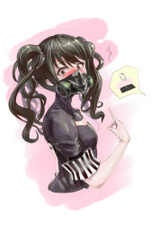 Rule 34 | 1girl, absurdres, artist request, black hair, blush, brown eyes, gas mask, girls&#039; frontline, highres, jewelry, mask, pointing, pointing at self, ring, sangvis ferri, scarecrow (girls&#039; frontline), simple background, solo, two side up, wedding band