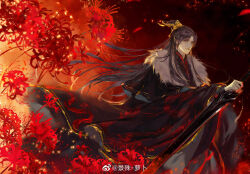Rule 34 | 1boy, black hair, black hanfu, capelet, chinese clothes, chinese commentary, closed mouth, dragon print, embers, erha he tadebai mao shizun, flower, fur-trimmed capelet, fur trim, hair bun, hanfu, holding, holding sword, holding weapon, jing shu, light smile, long hair, long sleeves, looking at viewer, male focus, mo ran, official art, purple eyes, reverse grip, solo, spider lily, sword, tassel, weapon, weibo watermark, wide sleeves, xiao guan (headdress)