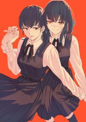 Rule 34 | 2boys, black hair, chainsaw man, cross scar, dress, facial scar, fourth east high school uniform, highres, holding hands, ice morinaka, long hair, looking at another, looking at viewer, low twintails, mitaka asa, multiple boys, open mouth, pinafore dress, red background, red eyes, ringed eyes, scar, scar on cheek, scar on face, school uniform, simple background, sleeveless, sleeveless dress, smile, twintails, yoru (chainsaw man)